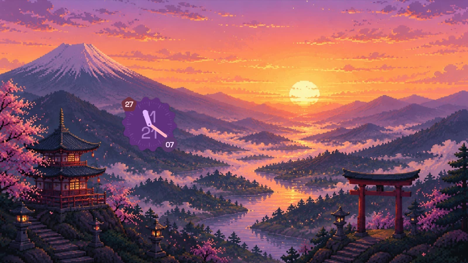 Pixel art landscape with a pagoda, torii gate, and mountain at sunset